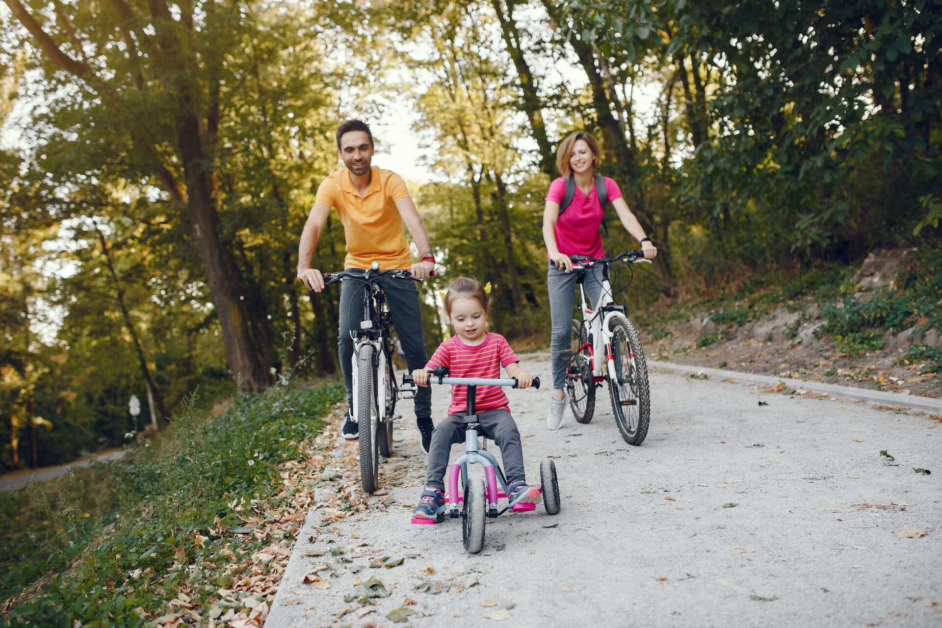 family with a bicycle in a summer park